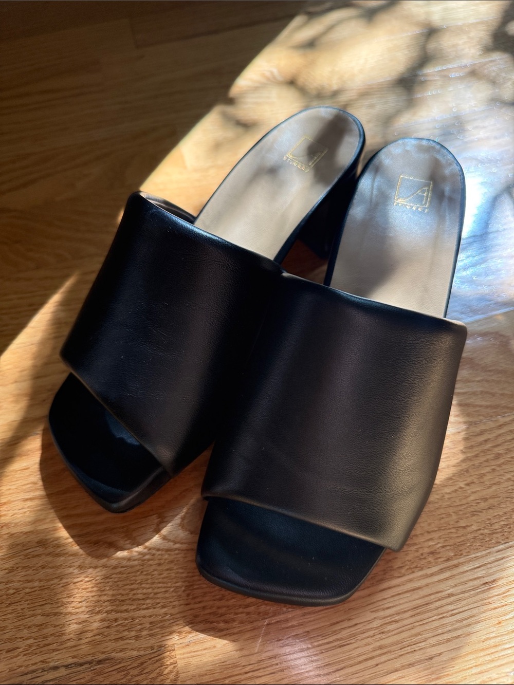 Wide-Band Black Leather Slide Mules with Block Heel - Women